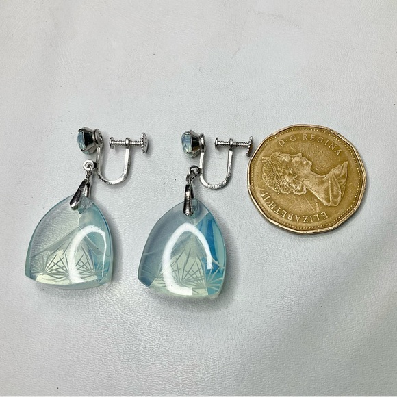 Art Deco Sterling Opaline Glass Earrings Japan Carved Scene - Picture 3 of 10